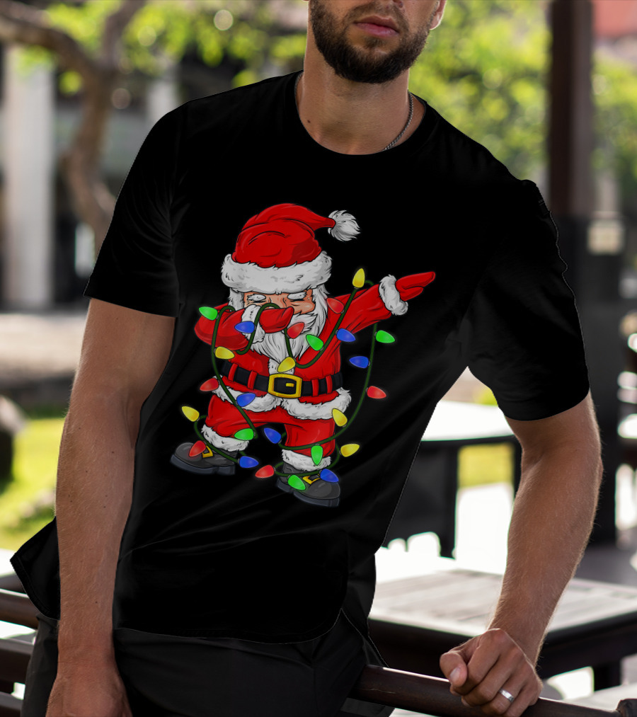 Dabbing Santa Claus Wrapped In Christmas Tree Lights T-Shirt