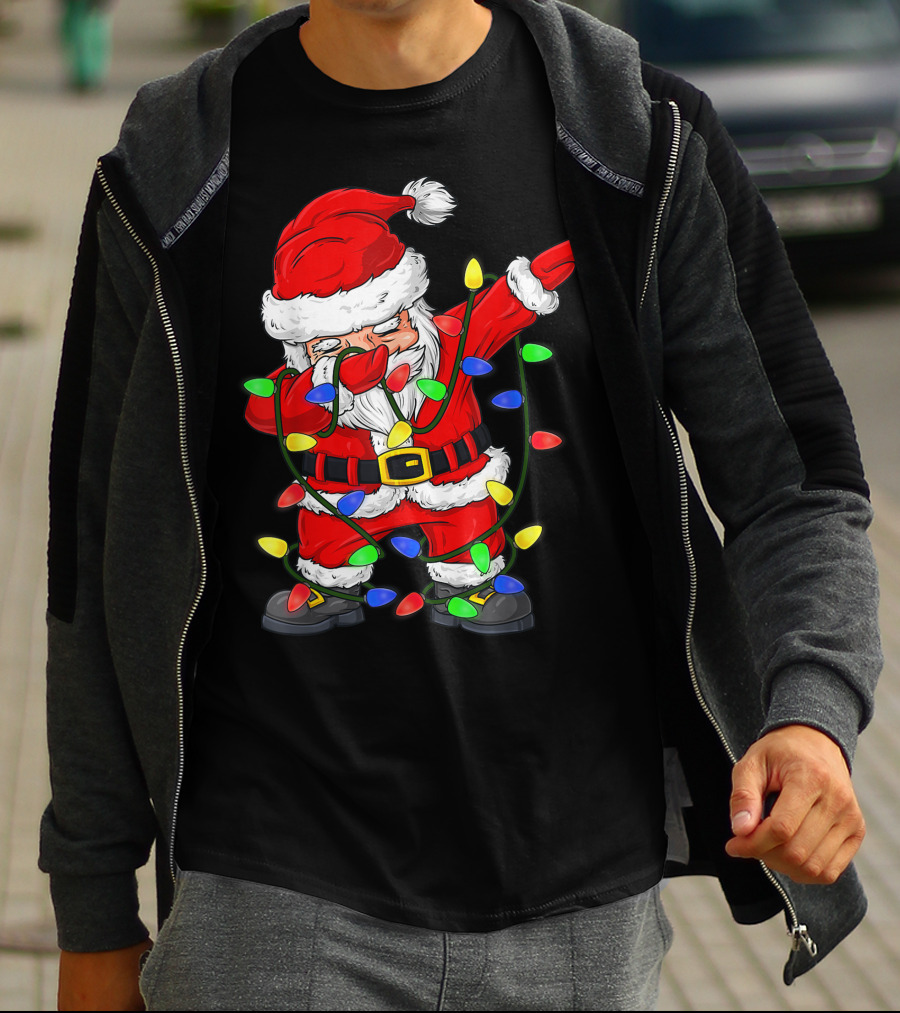 Dabbing Santa Claus Wrapped In Christmas Tree Lights T-Shirt