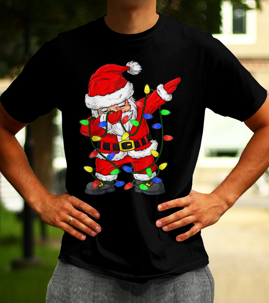 Dabbing Santa Claus Wrapped In Christmas Tree Lights T-Shirt