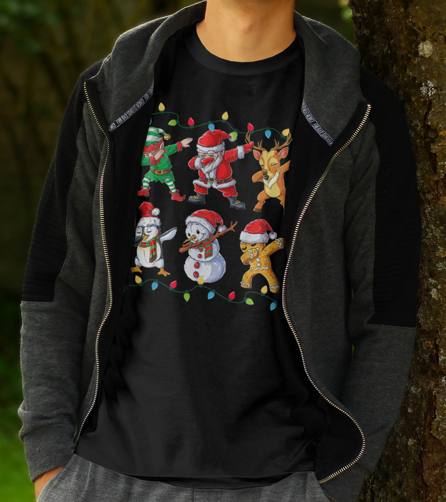 Dabbing Santa Claus Elf Reindeer Penguin Snowman Gingerbread Friends Christmas Lights T-Shirt