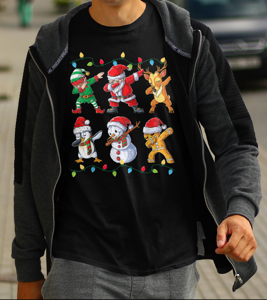 Dabbing Santa Claus Elf Reindeer Penguin Snowman Gingerbread Friends Christmas Lights T-Shirt