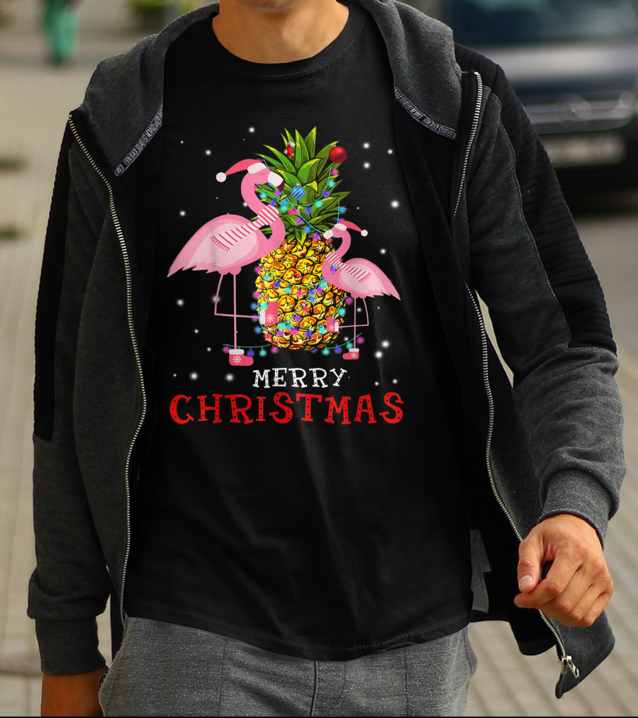 Merry Christmas Flamingo Pineapple With Xmas Lights T-Shirt