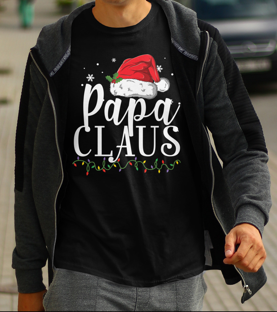 Papa Claus Christmas Hat Snowflakes Lights T-Shirt