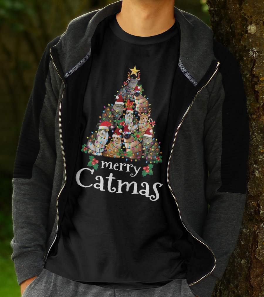 Merry Catmas Xmas Kids Funny Cat Christmas Tree With Cats In Santa Hats And Lights T-Shirt