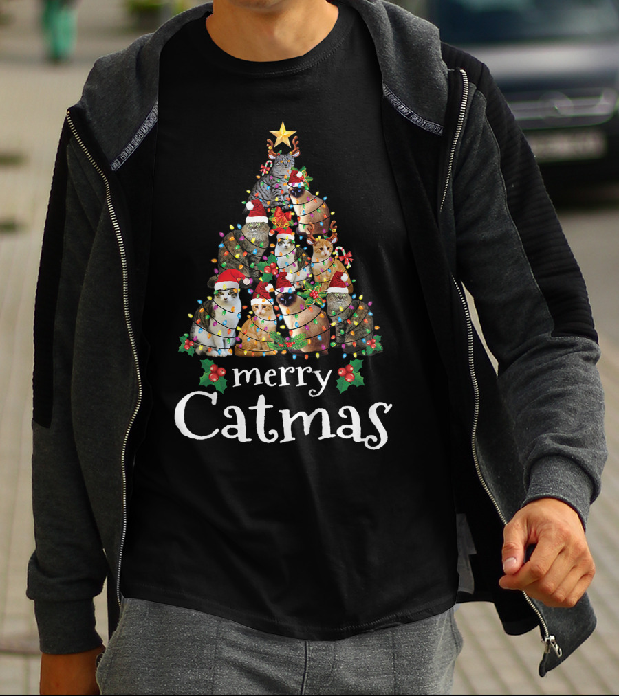 Merry Catmas Xmas Kids Funny Cat Christmas Tree With Cats In Santa Hats And Lights T-Shirt