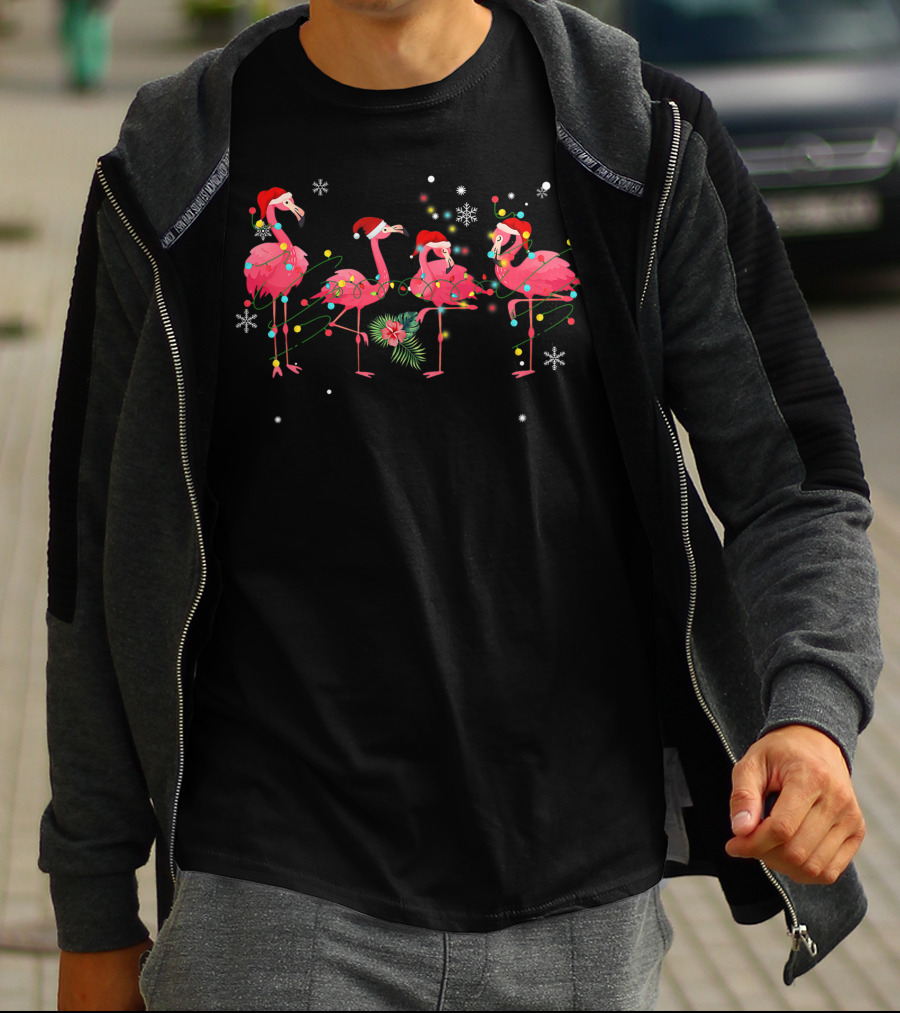 Pink Flamingo Christmas Lights And Snowflakes Fiesta T-Shirt