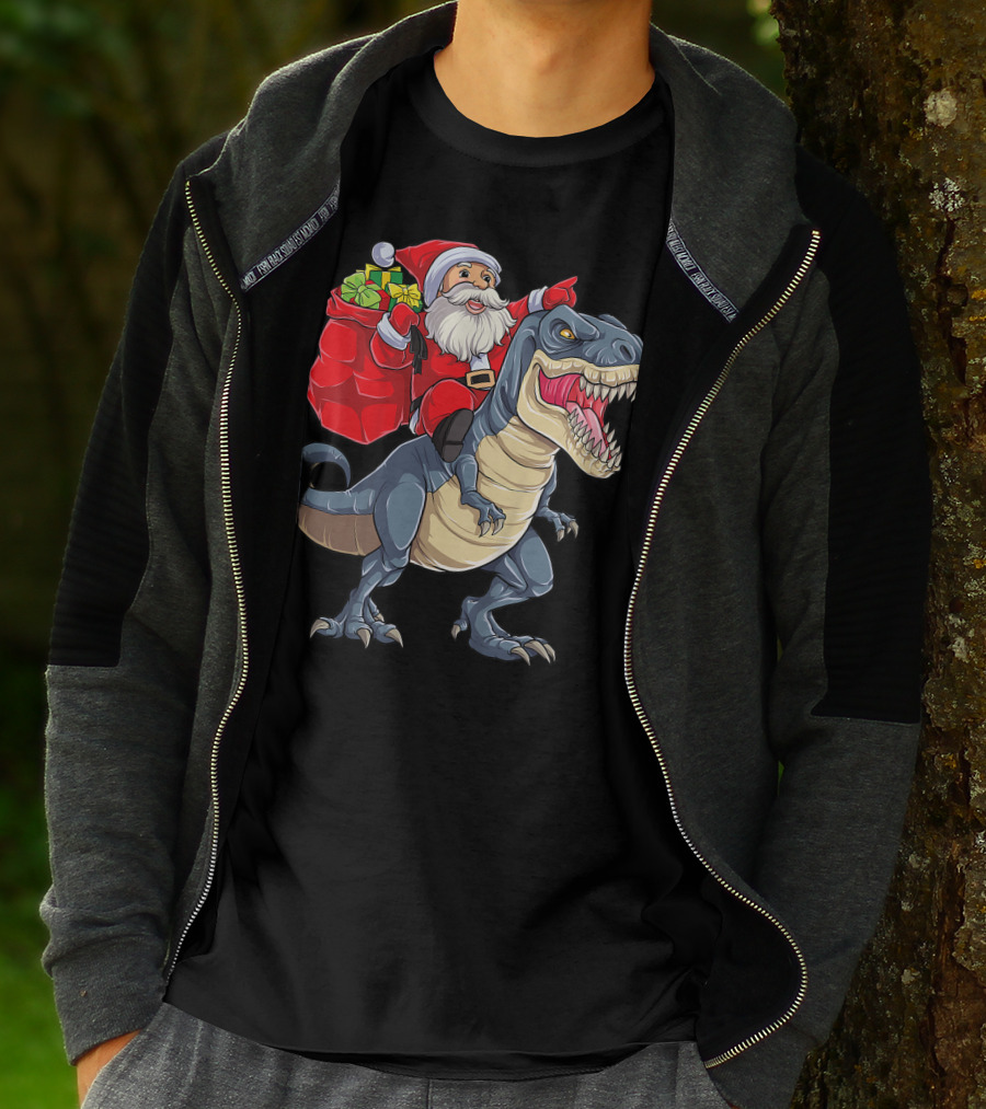 Santa Claus Riding T-Rex With Gifts T-Shirt