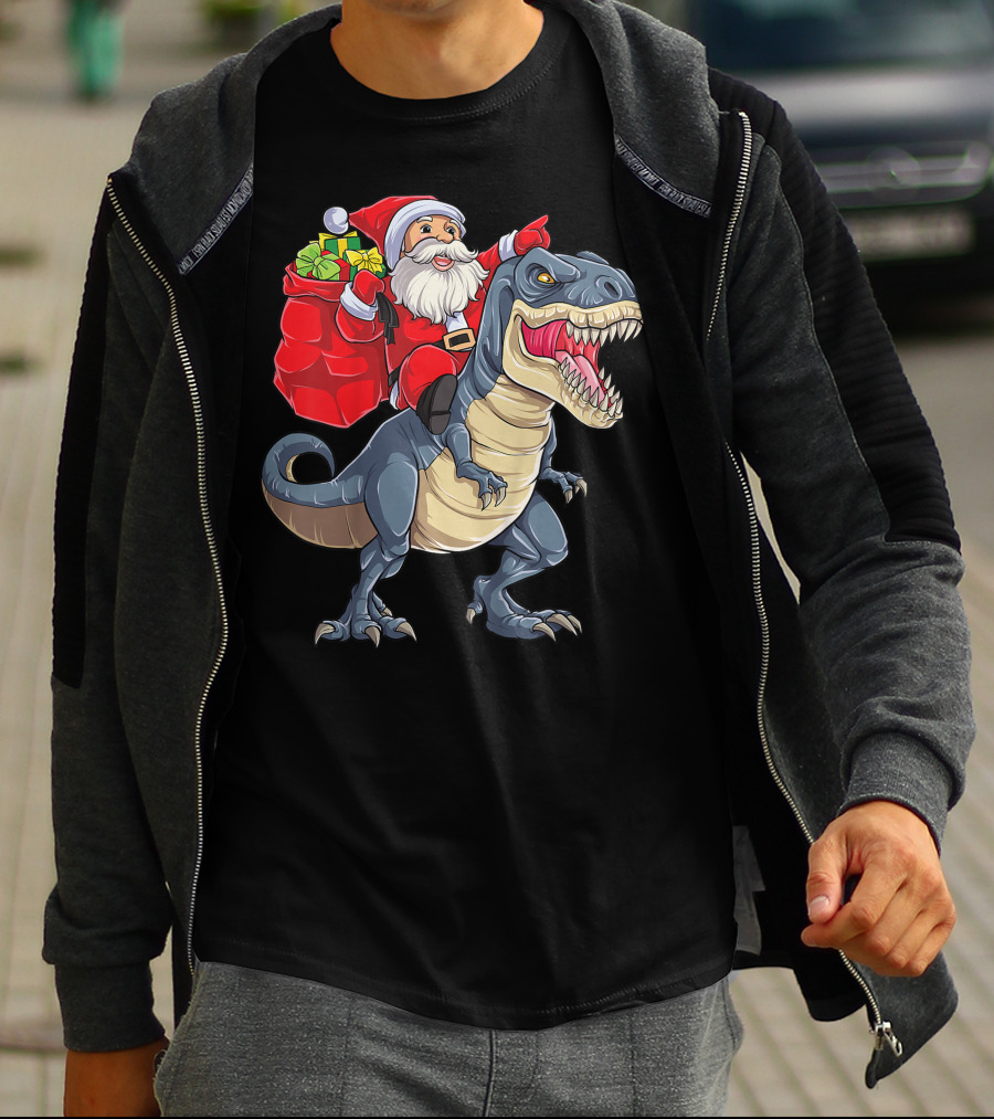 Santa Claus Riding T-Rex With Gifts T-Shirt