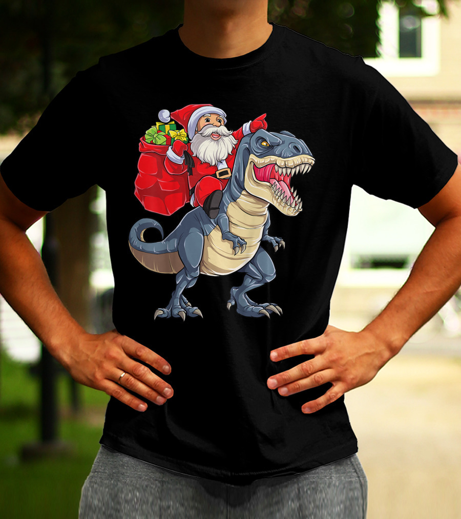 Santa Claus Riding T-Rex With Gifts T-Shirt