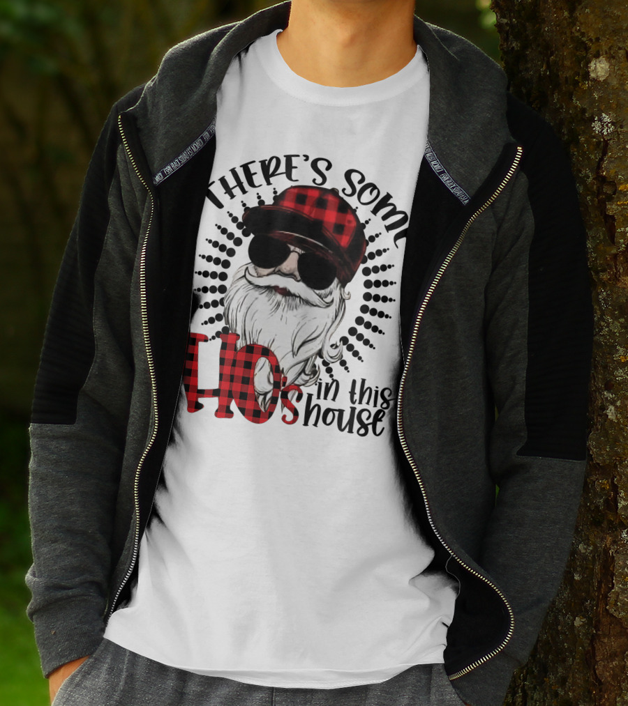 There's Some Hos In This House Funny Santa Claus Red Plaid Hat Sunglasses T-Shirt