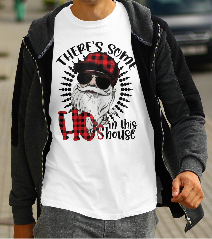 There's Some Hos In This House Funny Santa Claus Red Plaid Hat Sunglasses T-Shirt