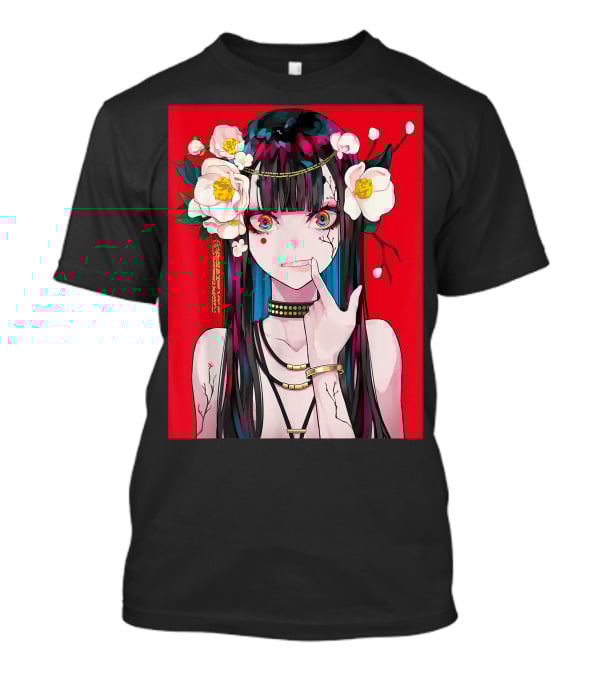 Anime Girl Japanese Aesthetic Otaku Red Background Flowers T-Shirt