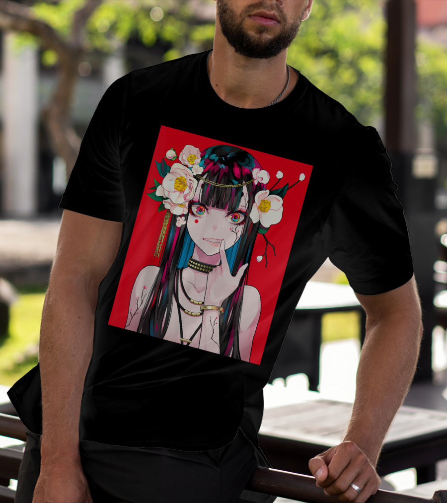 Anime Girl Japanese Aesthetic Otaku Red Background Flowers T-Shirt