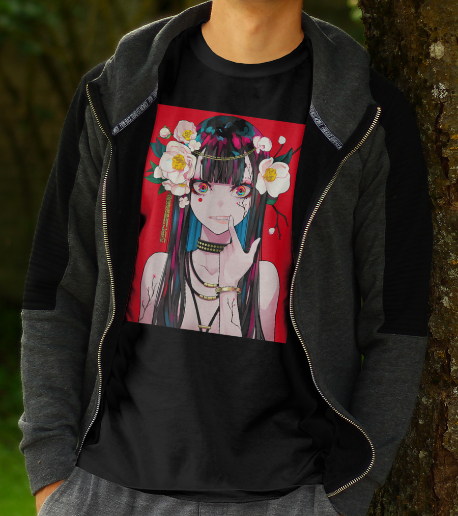 Anime Girl Japanese Aesthetic Otaku Red Background Flowers T-Shirt