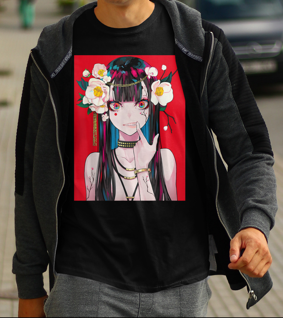Anime Girl Japanese Aesthetic Otaku Red Background Flowers T-Shirt