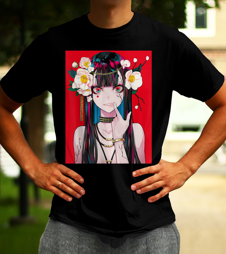 Anime Girl Japanese Aesthetic Otaku Red Background Flowers T-Shirt
