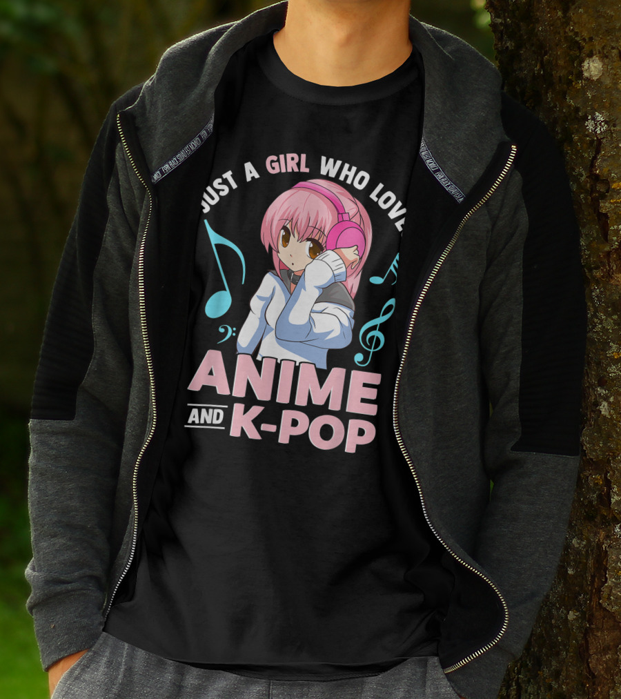 Just A Girl Who Loves Anime And K Pop With Headphones And Musical Notes T-Shirt