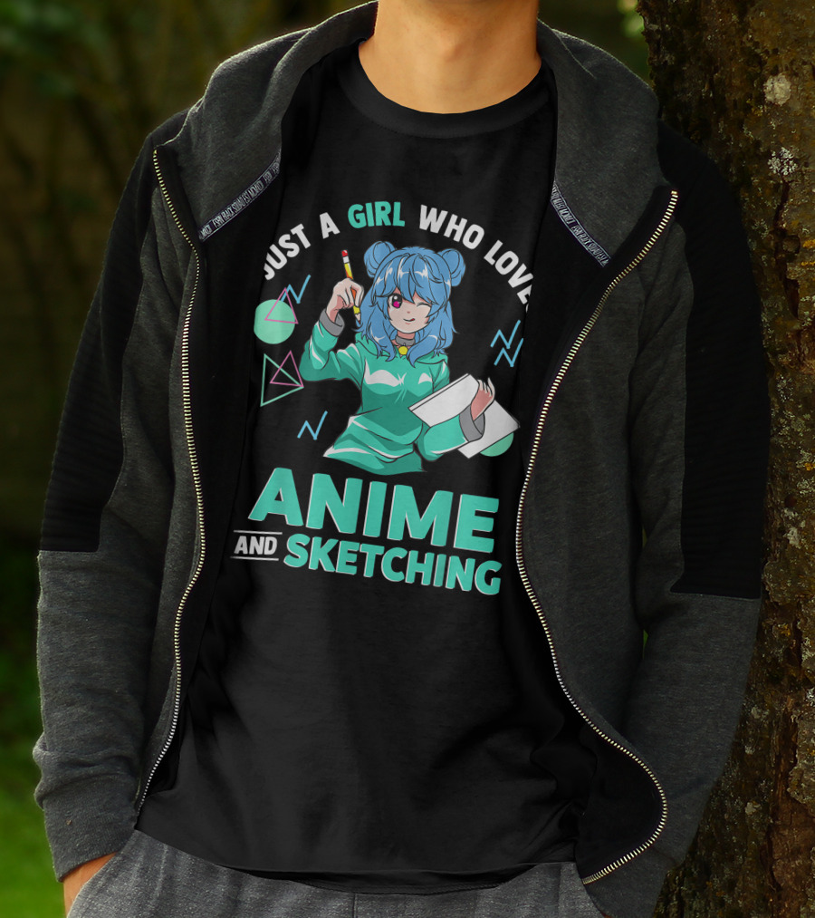 Just A Girl Who Loves Anime And Sketching Drawing Blue Hair Manga Style Character With Pen And Paper T-Shirt