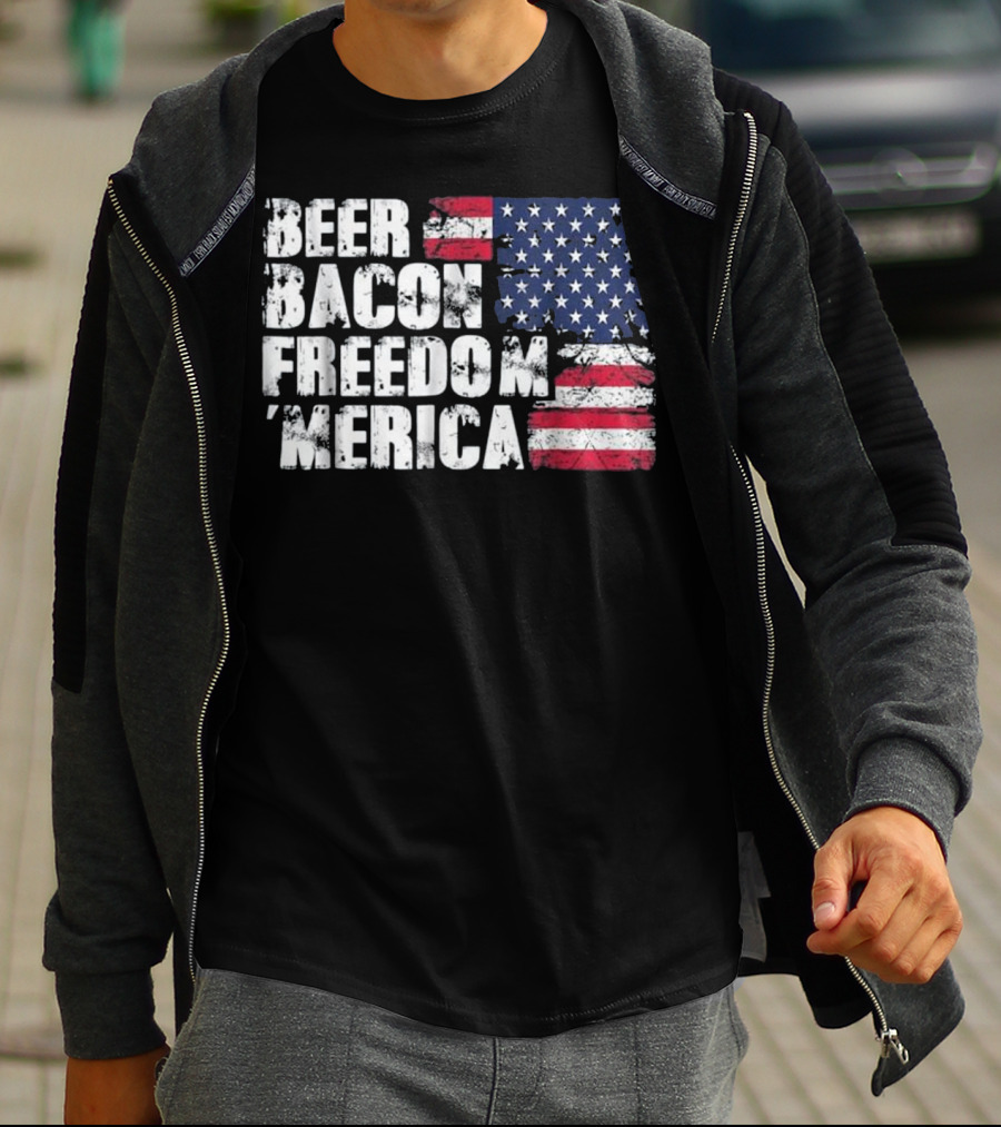 Beer Bacon Freedom Merica American Flag Patriotic T-Shirt