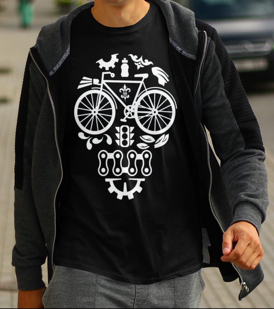 Humorous Cycling Skull With Bicycle Motif And Chain Design Elements T-Shirt