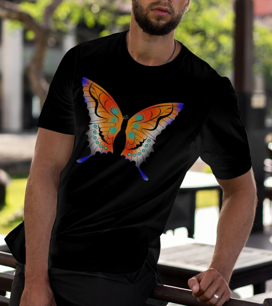 Vibrant Multicolored Butterfly Artwork With Orange And Blue Accents T-Shirt