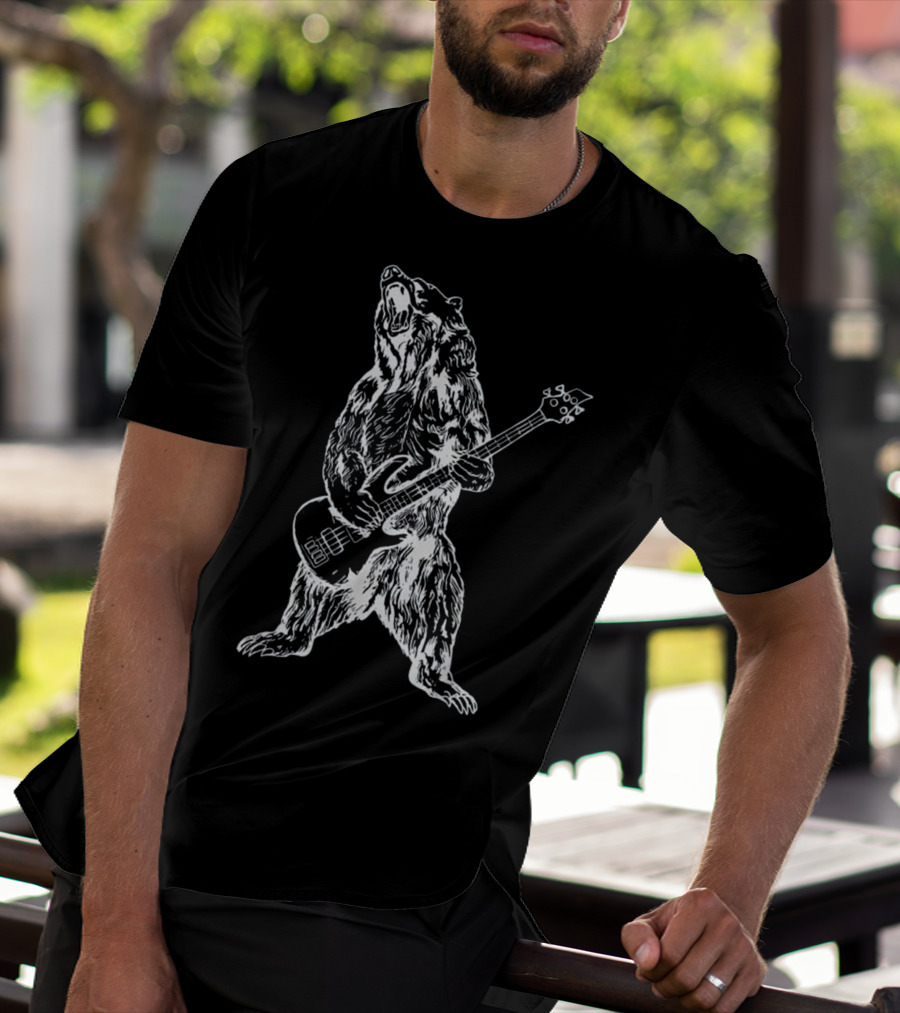 Bass-Playing Bear Standing Upright With Instrument Roaring Expressively T-Shirt