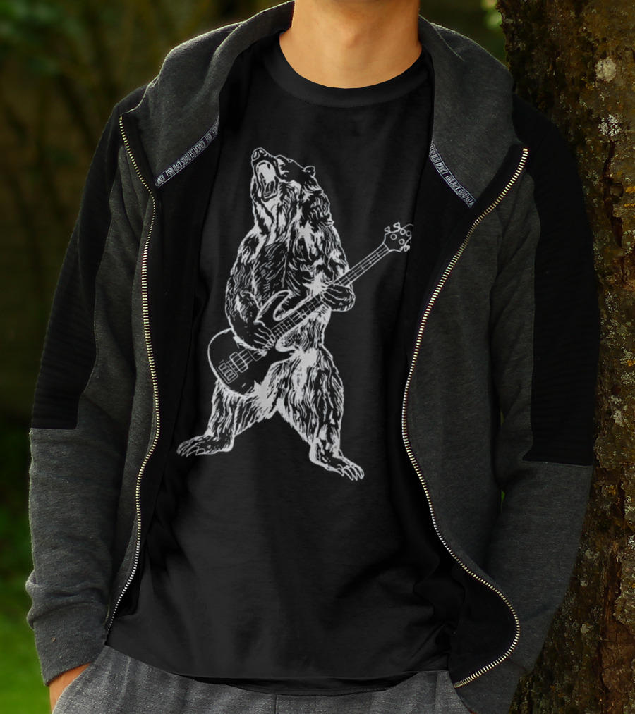 Bass-Playing Bear Standing Upright With Instrument Roaring Expressively T-Shirt