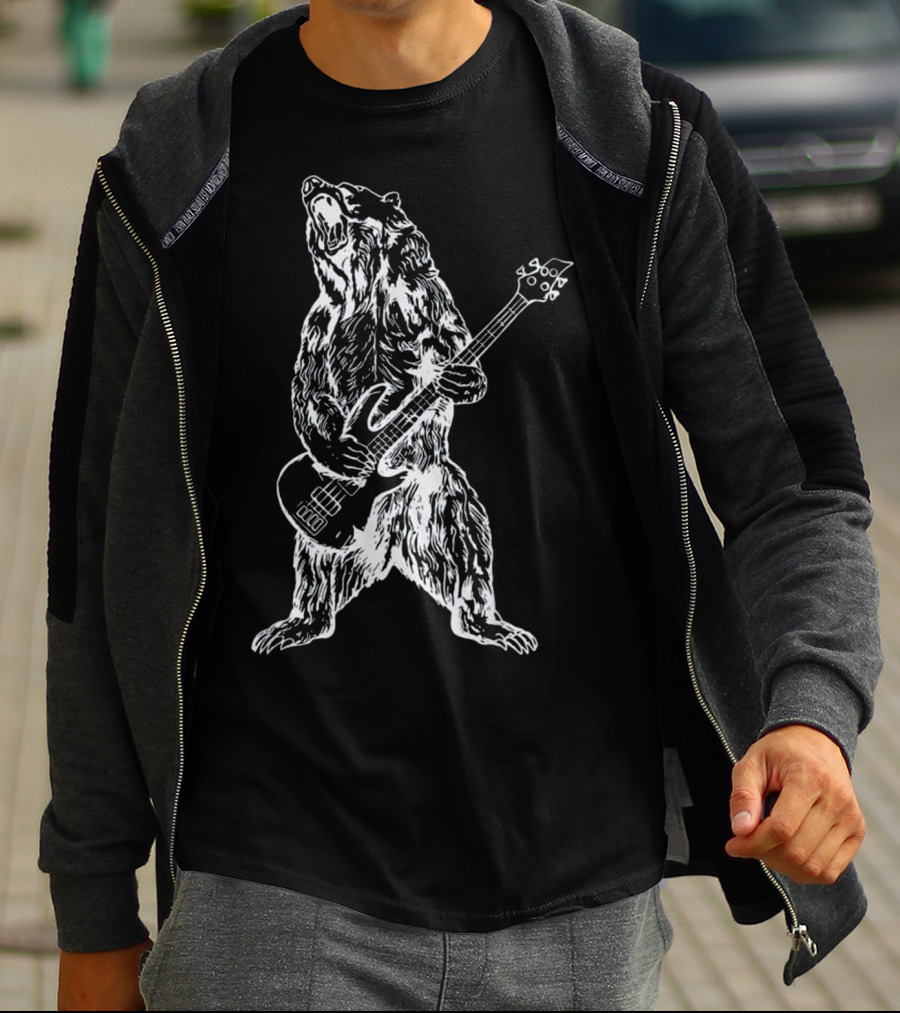 Bass-Playing Bear Standing Upright With Instrument Roaring Expressively T-Shirt