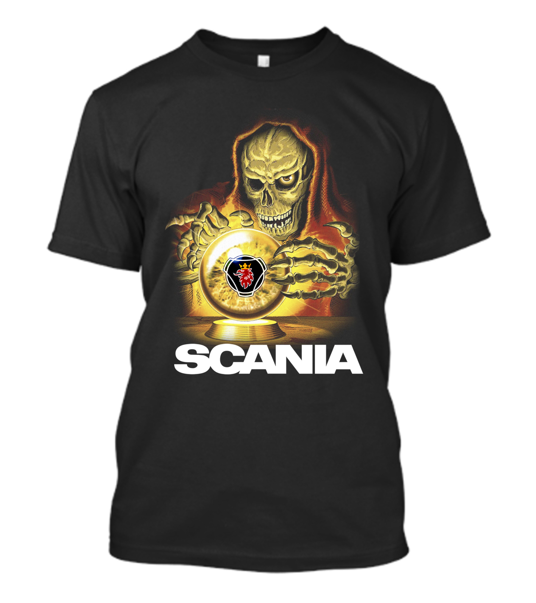 SCANIA Skeleton Hooded Figure With Crystal Ball And Red Lion Emblem T-Shirt