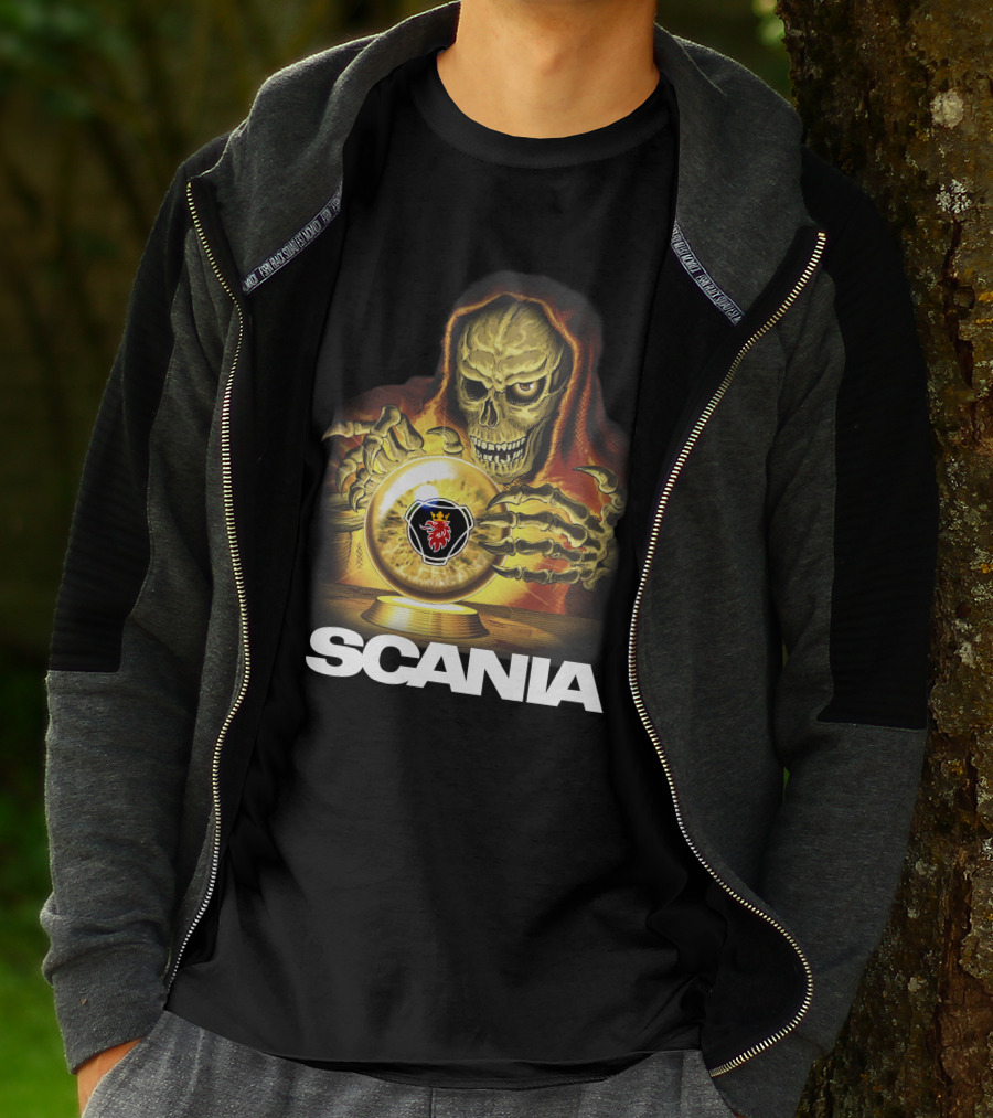 SCANIA Skeleton Hooded Figure With Crystal Ball And Red Lion Emblem T-Shirt