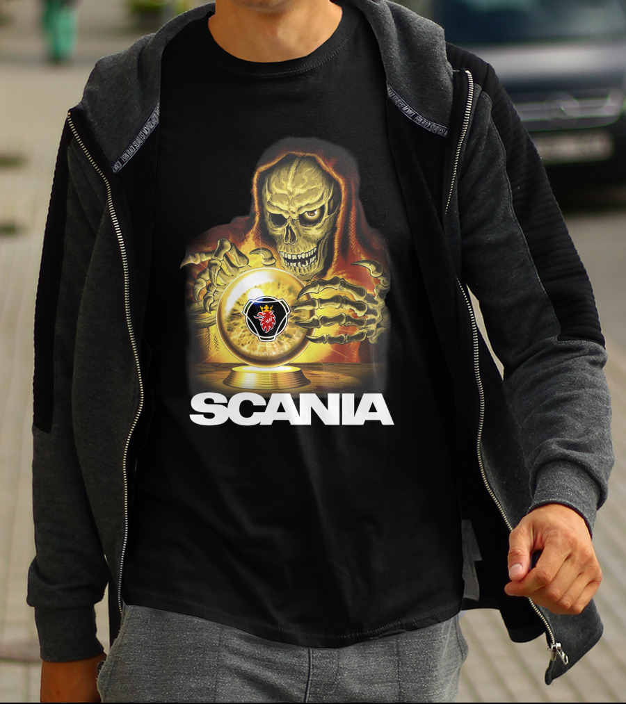 SCANIA Skeleton Hooded Figure With Crystal Ball And Red Lion Emblem T-Shirt