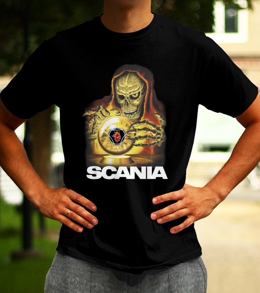 SCANIA Skeleton Hooded Figure With Crystal Ball And Red Lion Emblem T-Shirt