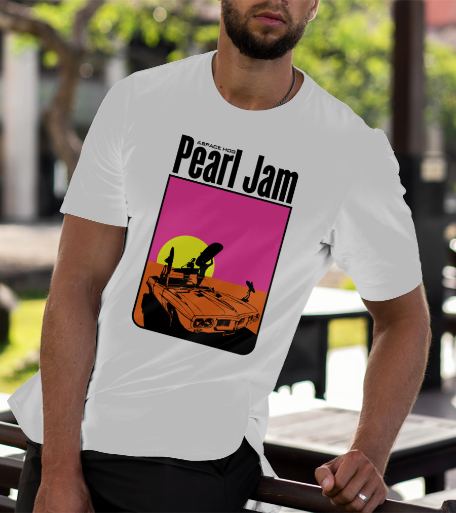 Pearl Jam & Space Hog Surfing Graphic Car Sunset T-Shirt