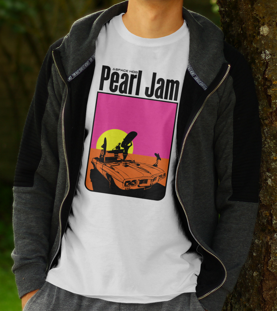 Pearl Jam & Space Hog Surfing Graphic Car Sunset T-Shirt