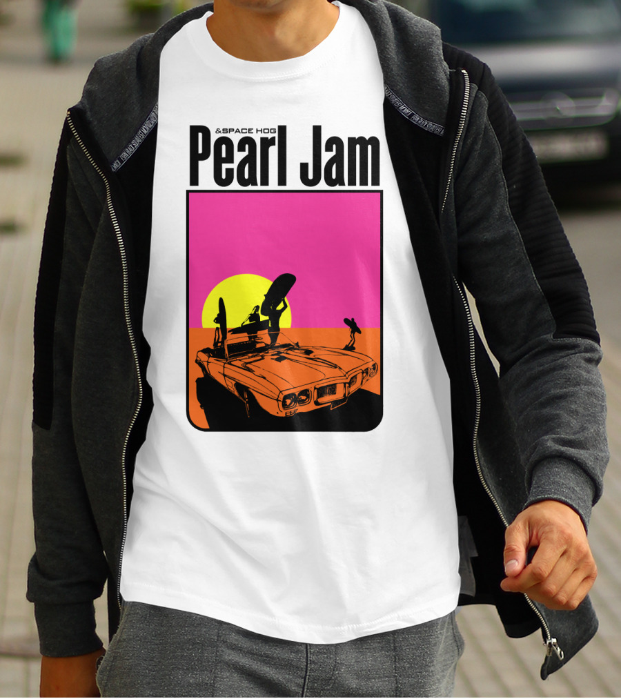 Pearl Jam & Space Hog Surfing Graphic Car Sunset T-Shirt