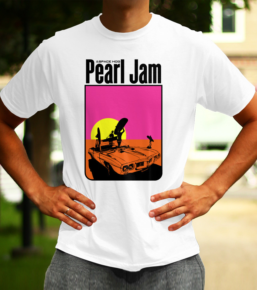 Pearl Jam & Space Hog Surfing Graphic Car Sunset T-Shirt