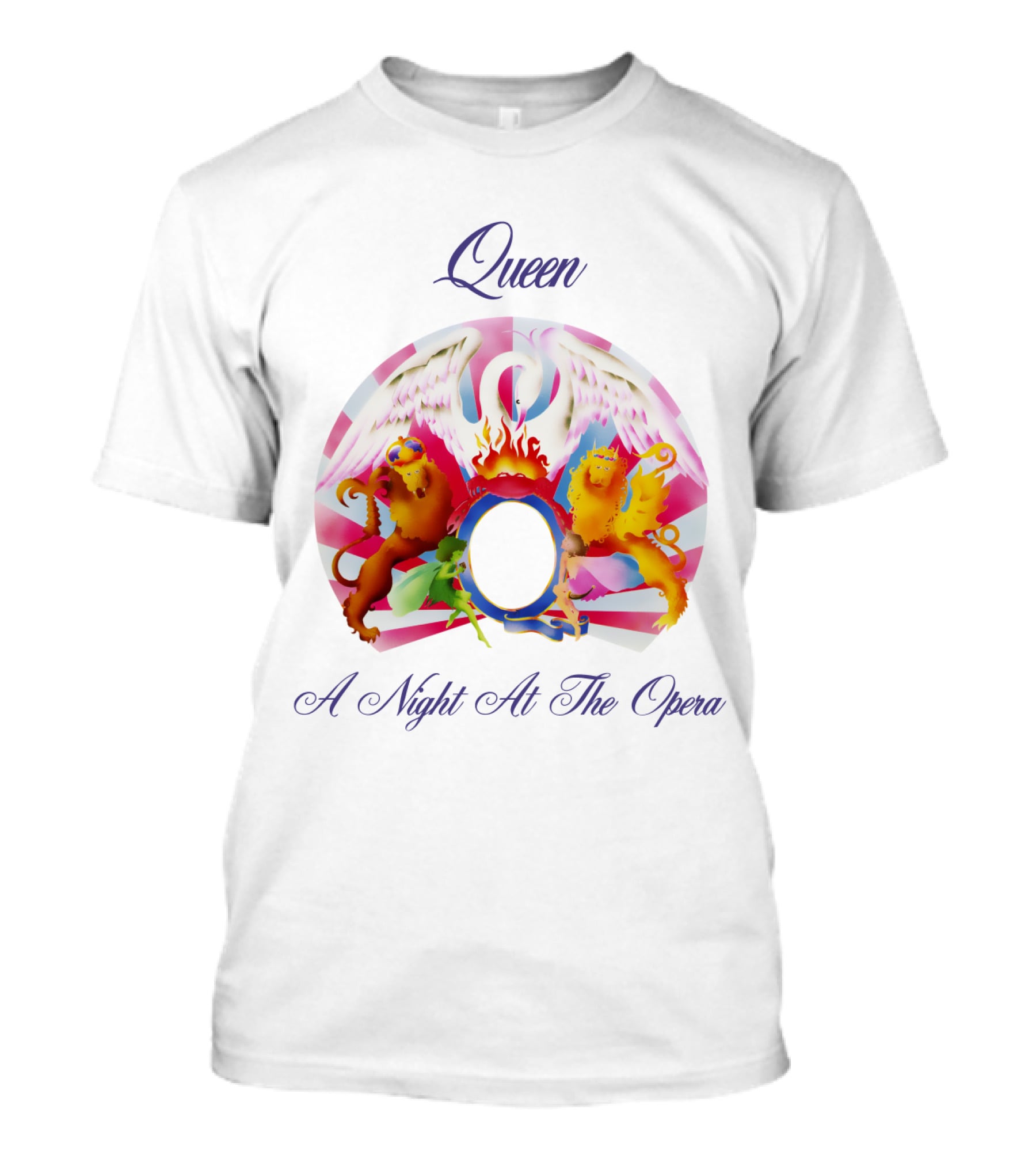 Queen A Night At The Opera Album Cover Art With Colorful Mythical Creatures And Winged Symbolism T-Shirt