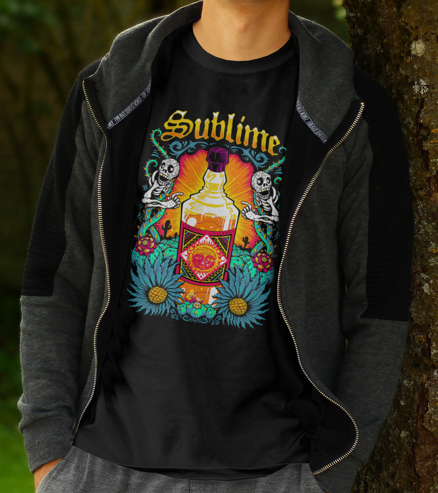 Sublime Tequila Bottle With Skeletons And Flowers T-Shirt