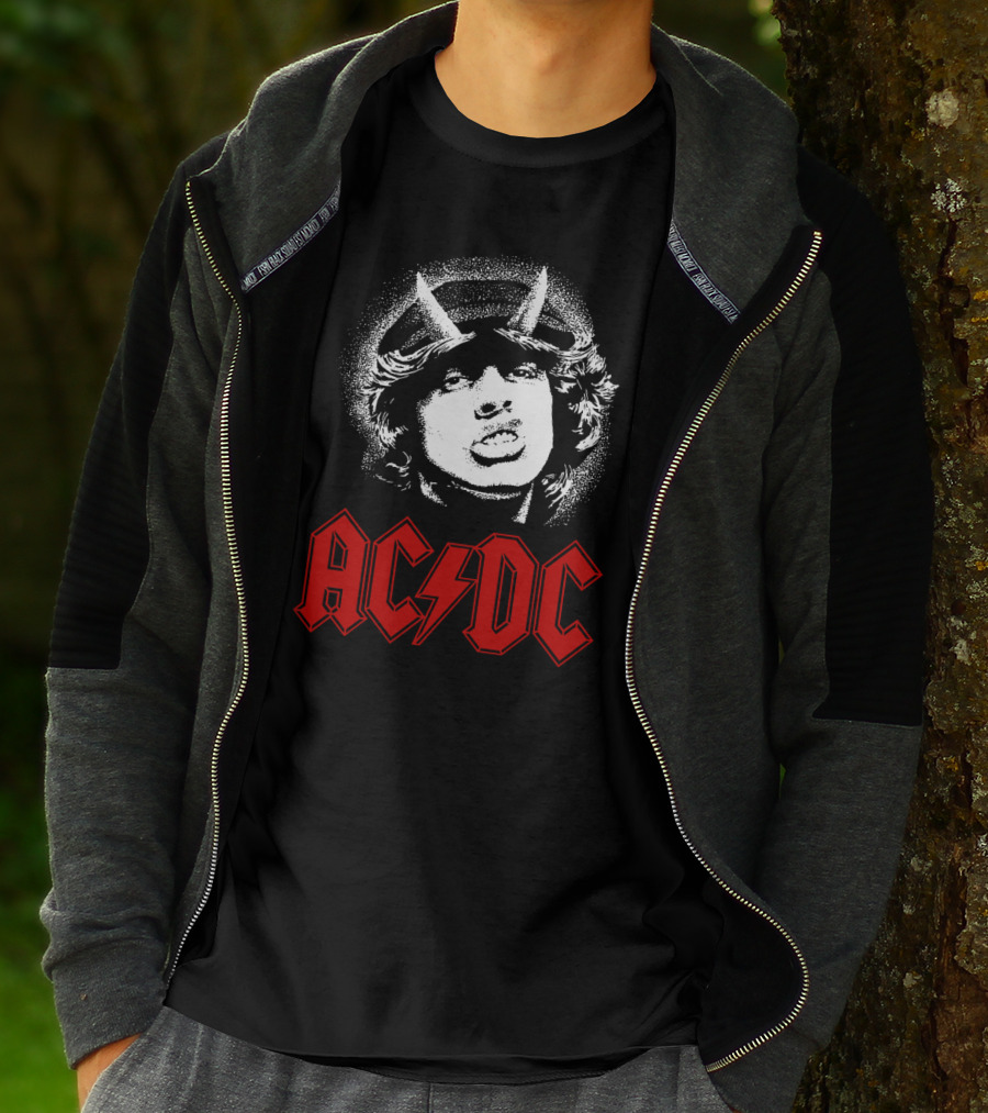 Acdc Rock Band Portrait With Red Logo And Horns T-Shirt