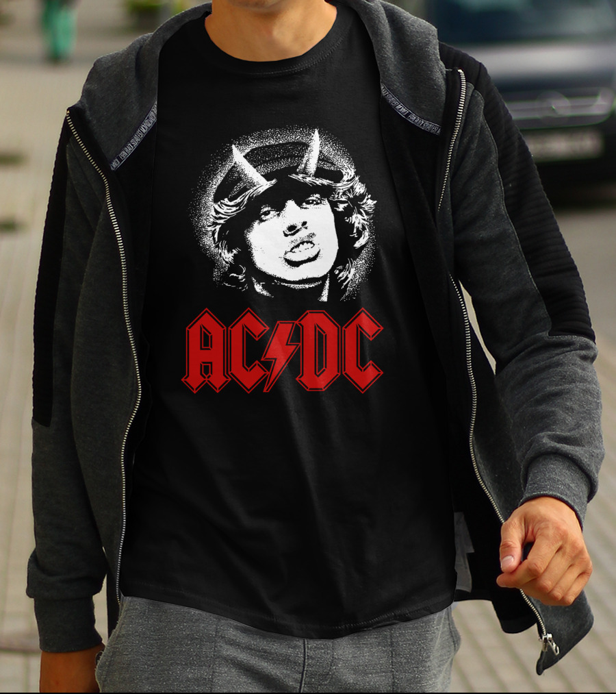 Acdc Rock Band Portrait With Red Logo And Horns T-Shirt