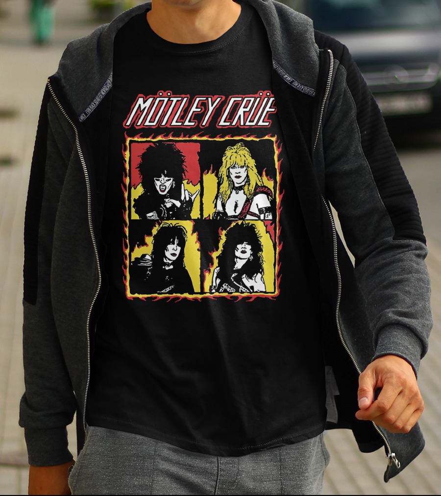 Mötley Crüe Cartoon Band Members Fire Border T-Shirt