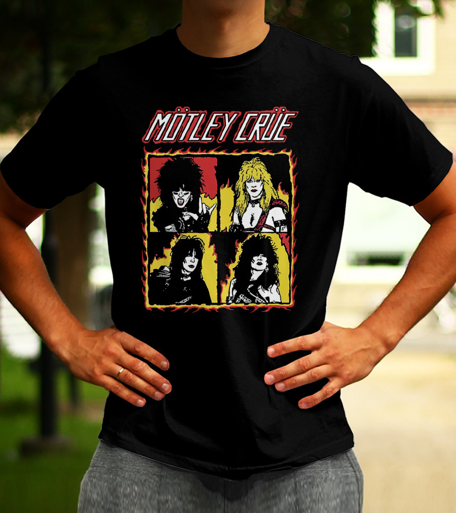 Mötley Crüe Cartoon Band Members Fire Border T-Shirt
