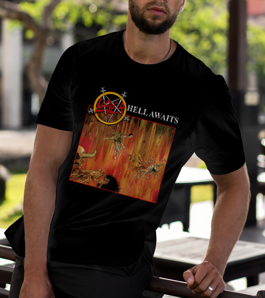 Slayer Hell Awaits Logo With Demonic Falling Figures And Fiery Scene T-Shirt