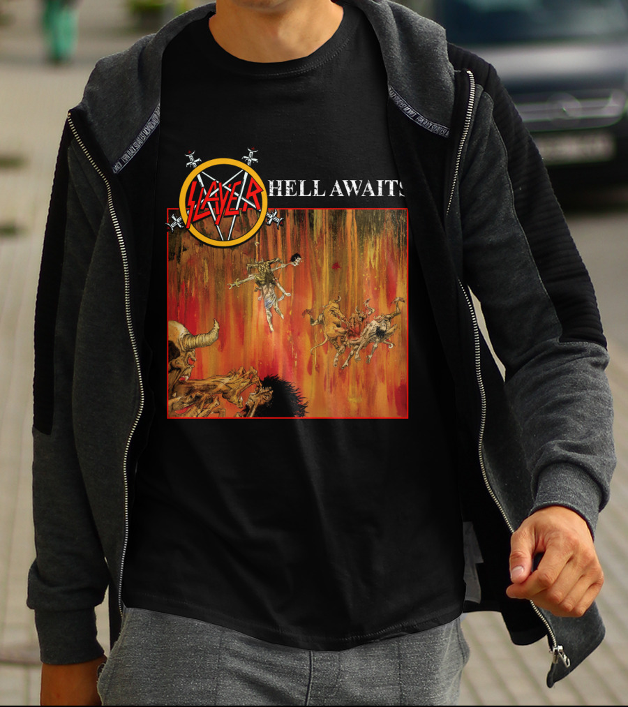 Slayer Hell Awaits Logo With Demonic Falling Figures And Fiery Scene T-Shirt