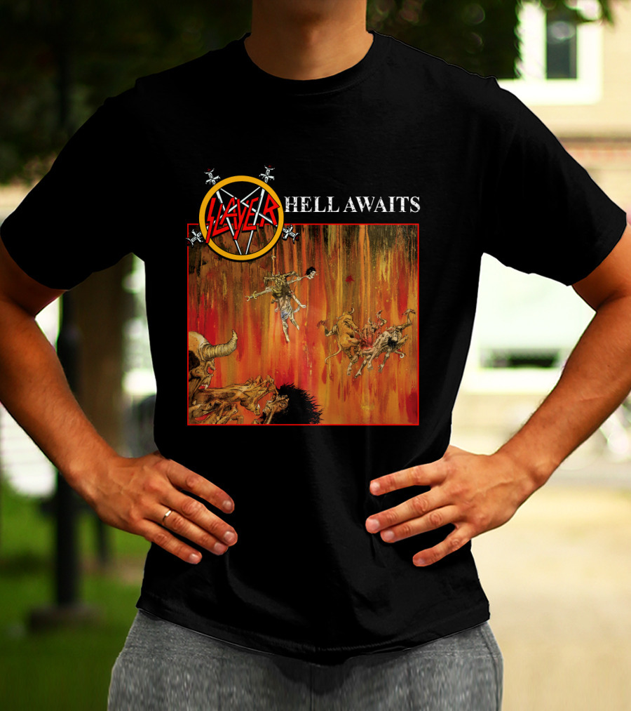 Slayer Hell Awaits Logo With Demonic Falling Figures And Fiery Scene T-Shirt