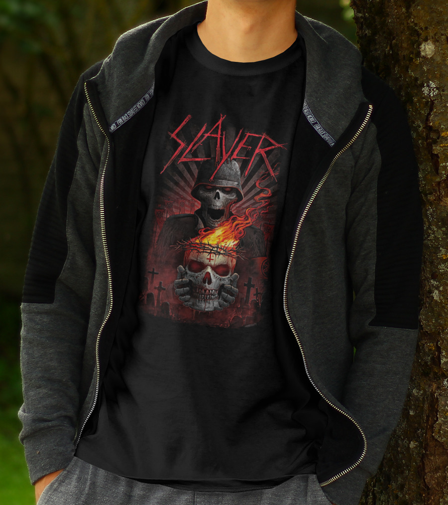 Slayer Skull Soldier With Fiery Crown And Crosses T-Shirt