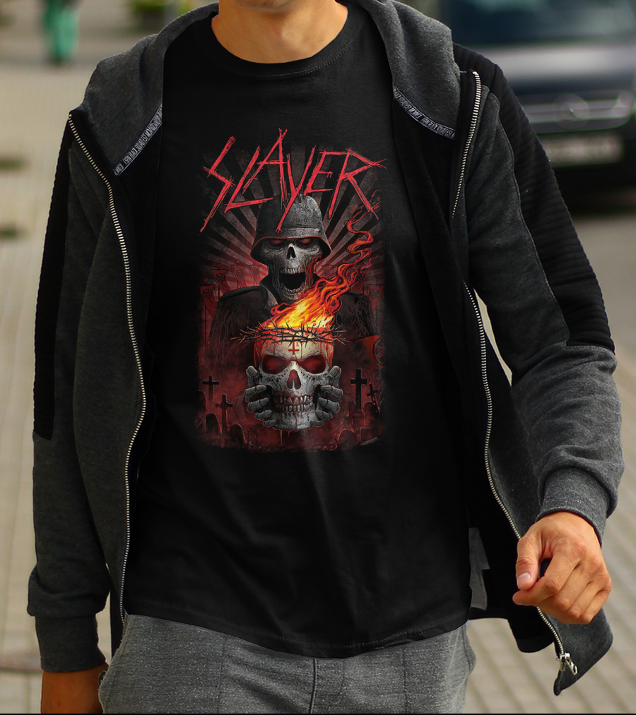 Slayer Skull Soldier With Fiery Crown And Crosses T-Shirt