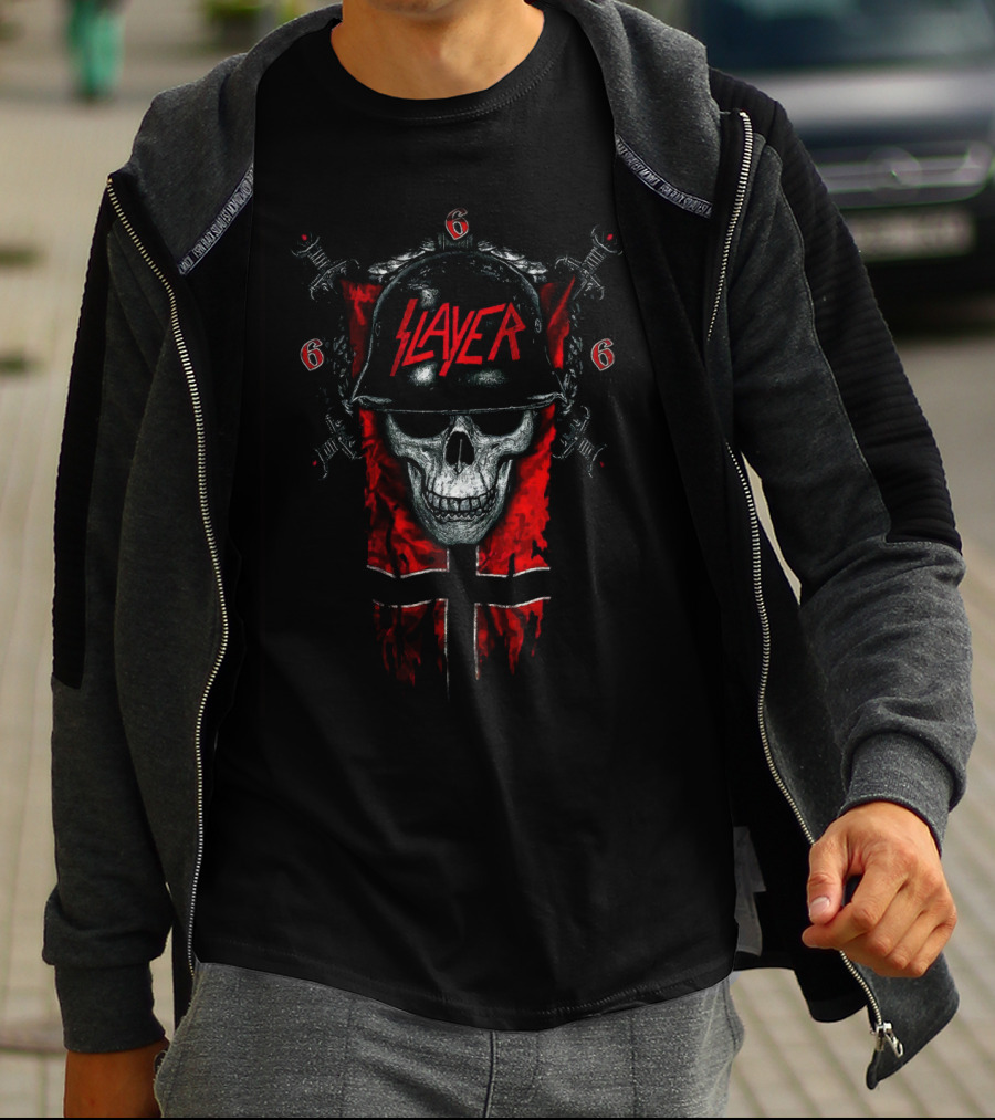 Slayer Skull Helmet Swords And Red 666 Banner T-Shirt