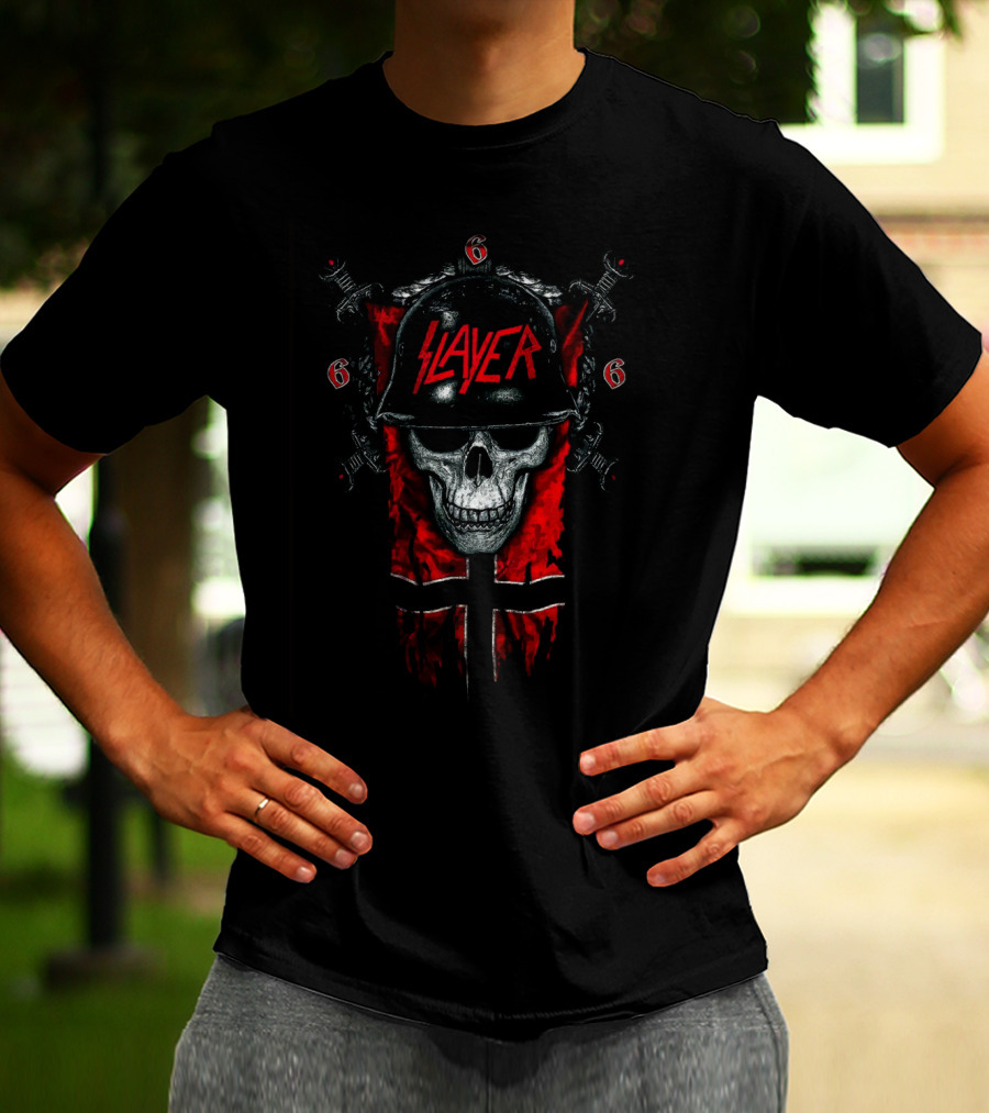 Slayer Skull Helmet Swords And Red 666 Banner T-Shirt