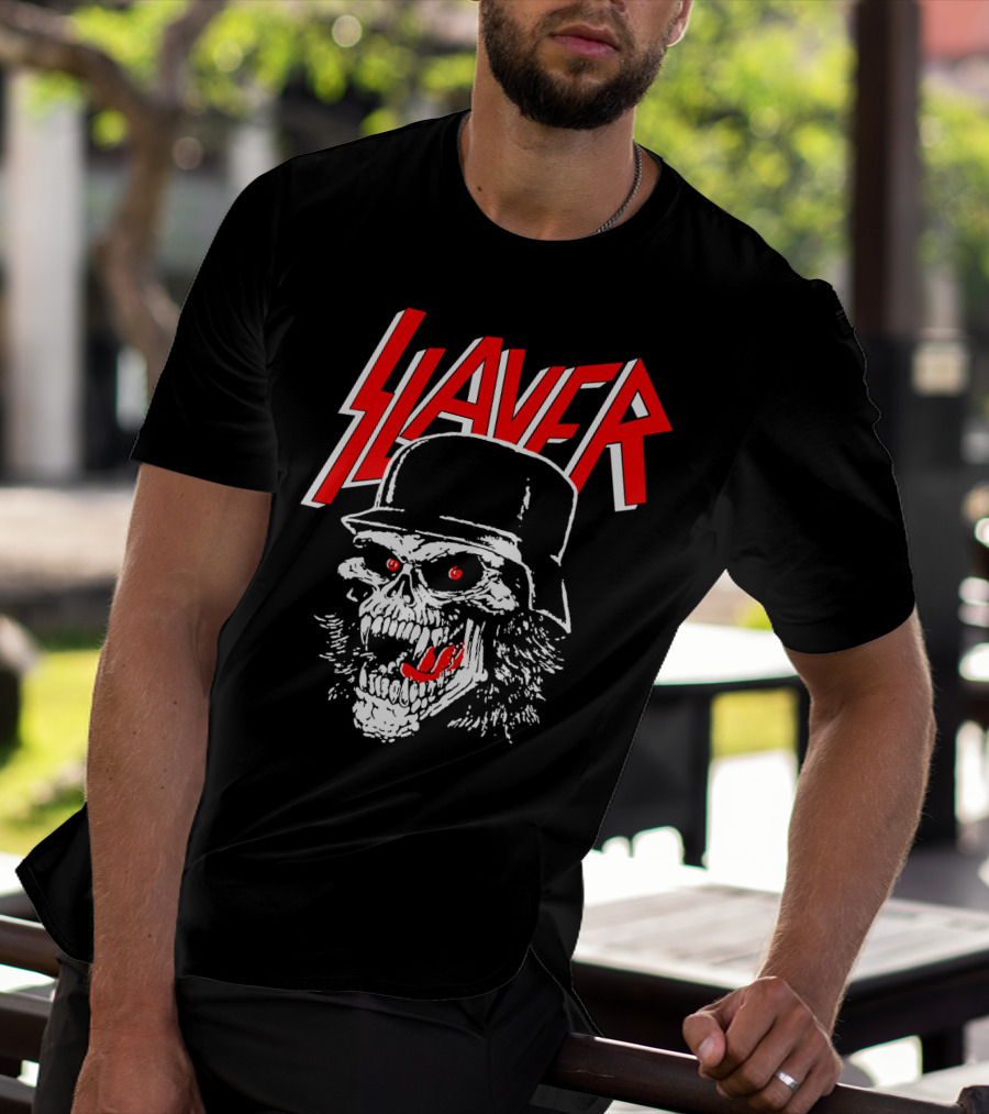 Slayer Skull With Helmet And Red Eyes T-Shirt